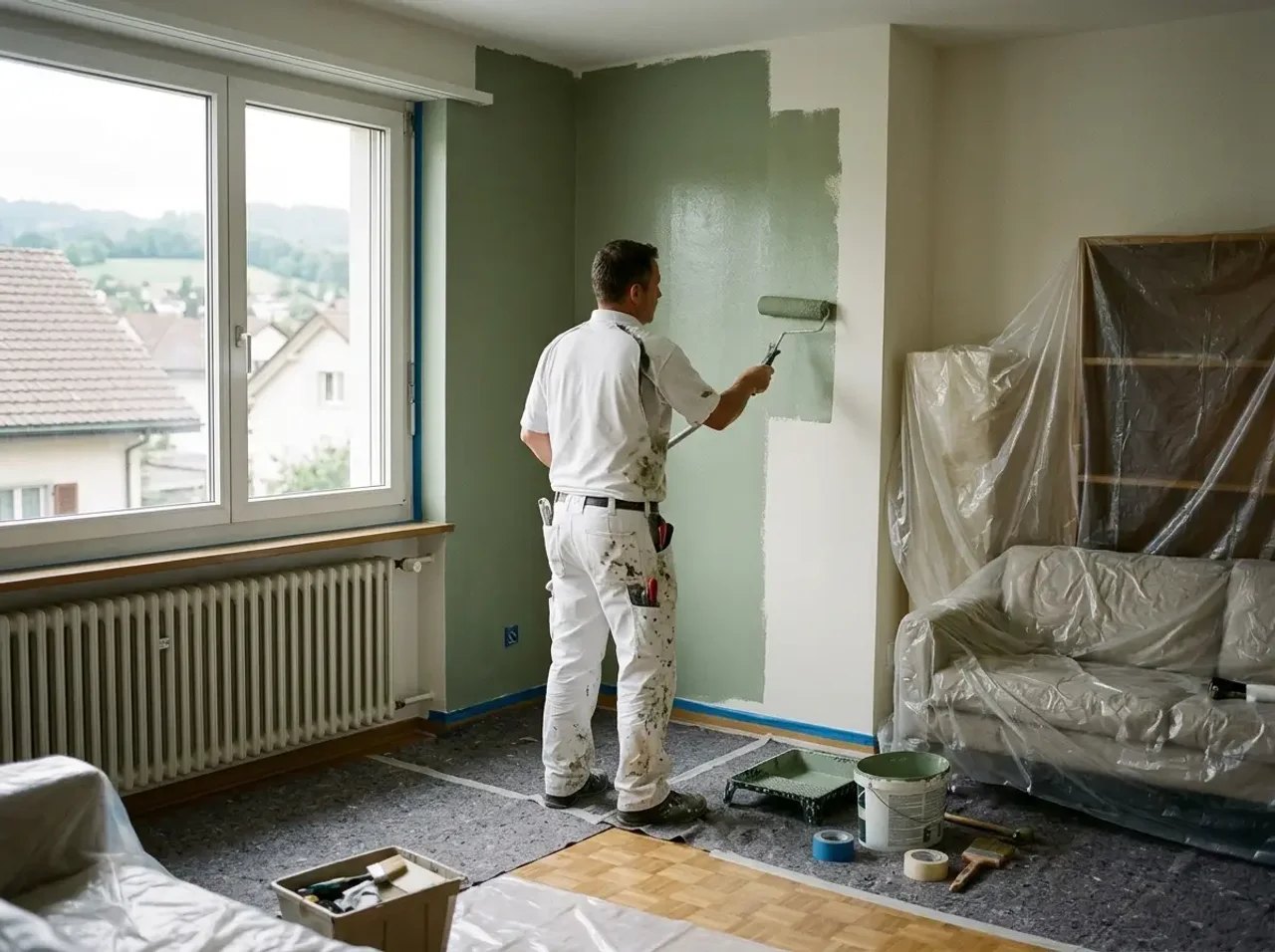 Maler streicht eine Wand mit der Rolle