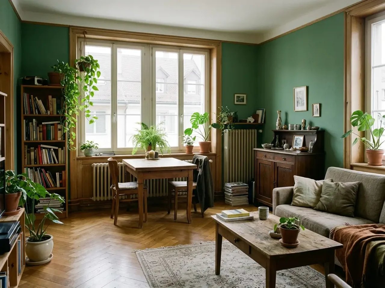 Wohnzimmer in Salbeigrün, gestrichen an einem Tag
